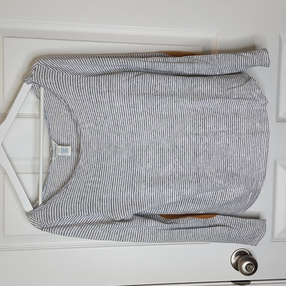 Sundance Linen Striped Long Sleeve Top Elbow Patches, Size Small